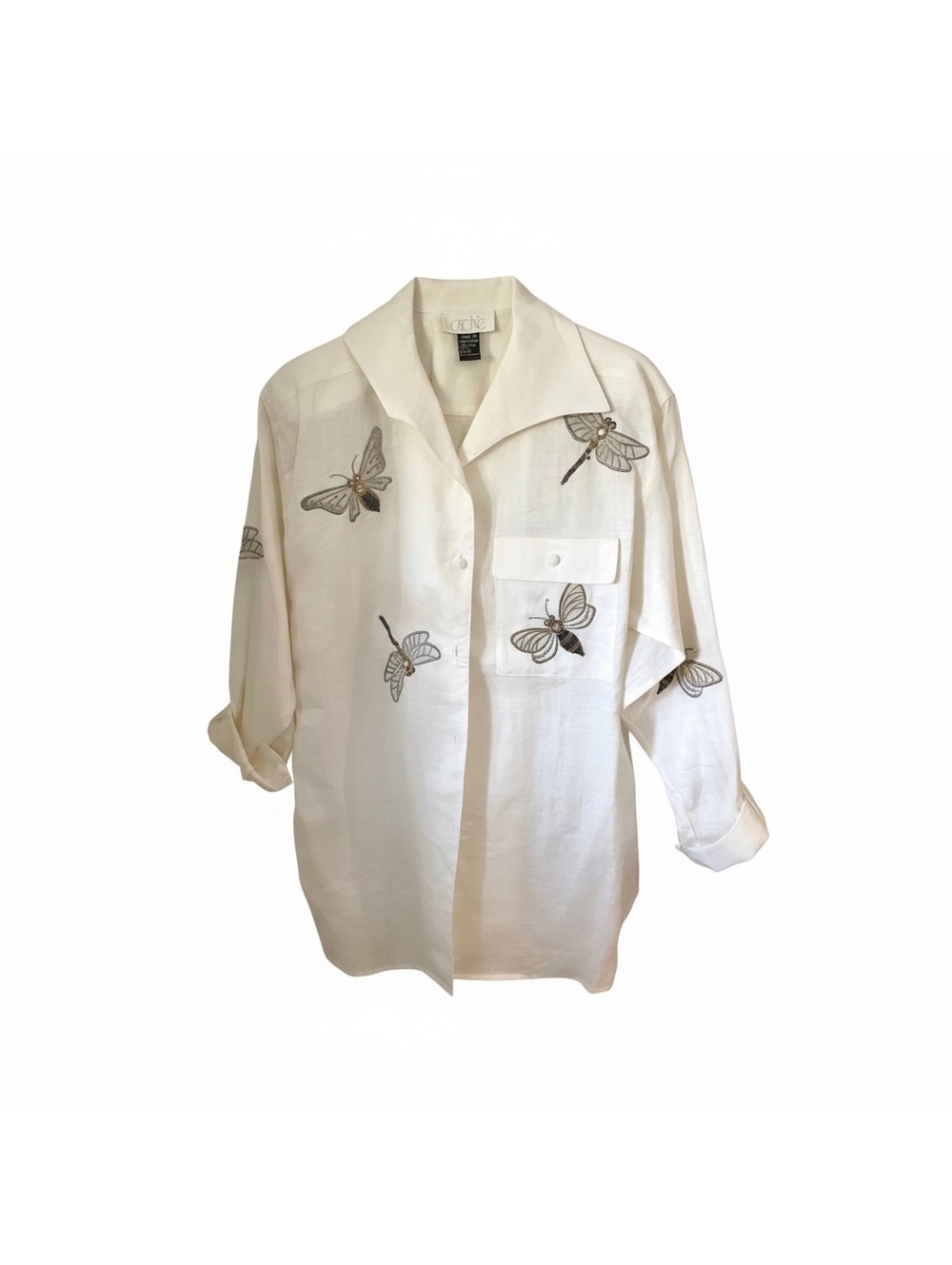 Vintage Cache Ivory Embroidered Dragonfly & Butterfly Shirt Jacket